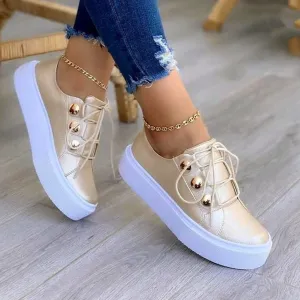 Women studded lace up thick sole flat cute sneakers Gortex Sneakers