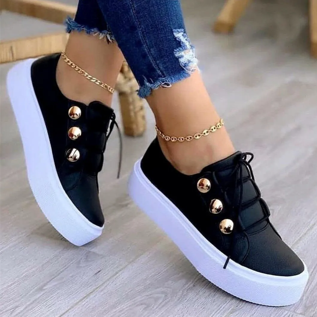 Women studded lace up thick sole flat cute sneakers Wide Width Walking Sneakers