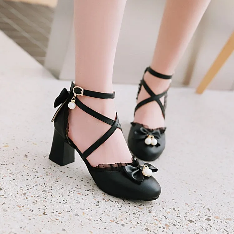 Women's Ankle Strap Butterfly Knot Pearl Cross Tied Strap Block Heel Sandals Aldo Sandals Heels