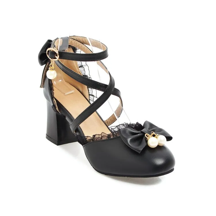 Resort Antigua Women's Ankle Strap Butterfly Knot Pearl Cross Tied Strap Block Heel Sandals