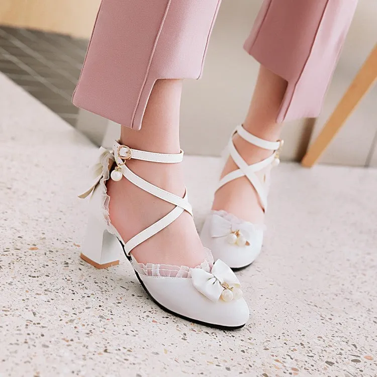 Women's Ankle Strap Butterfly Knot Pearl Cross Tied Strap Block Heel Sandals Vintage Sandals