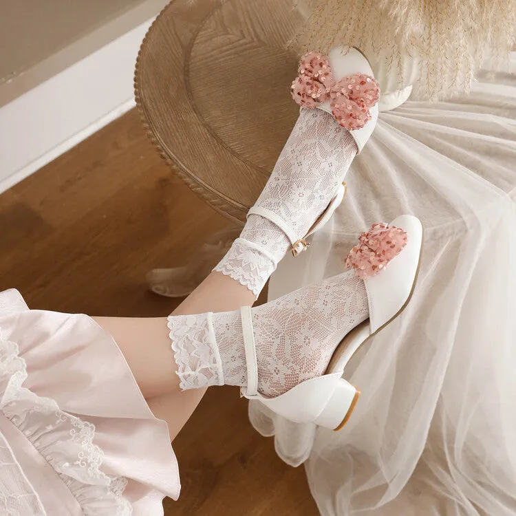 Women's Ankle Strap Rhinestone Butterfly Knot Hollow Out Block Heel Sandals Platform Sandals Woven