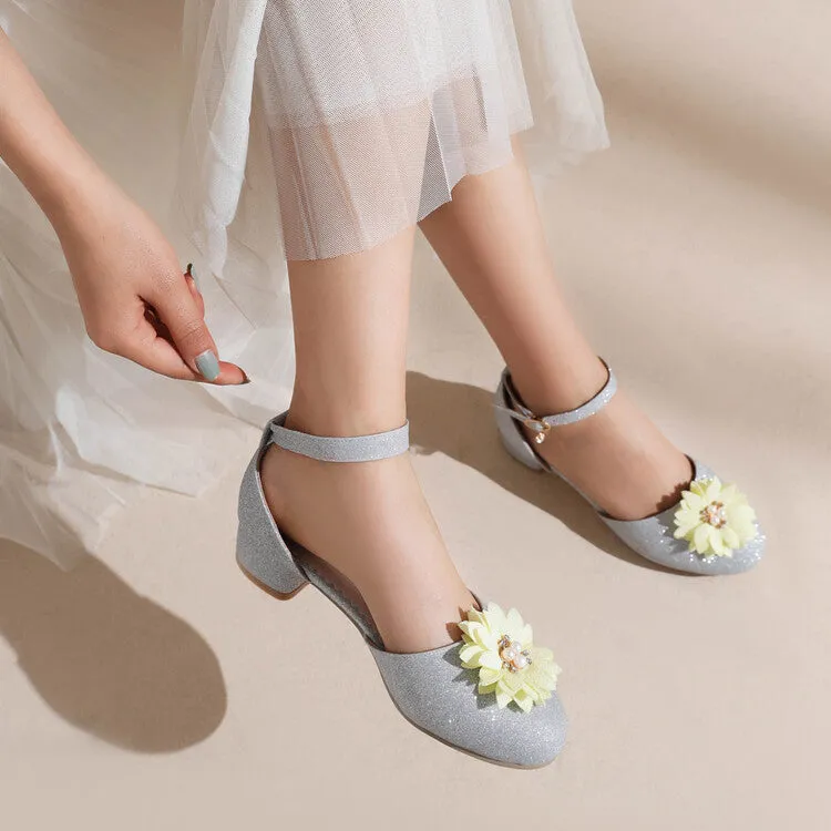 Heeled Sandals Low Heel Women's Bling Bling Flora Round Toe Hollow Out Block Heel Low Heels Sandals