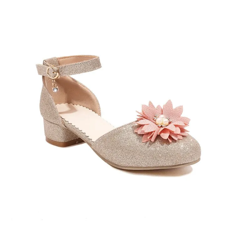 Closed Toe Strappy Sandals Women's Bling Bling Flora Round Toe Hollow Out Block Heel Low Heels Sandals