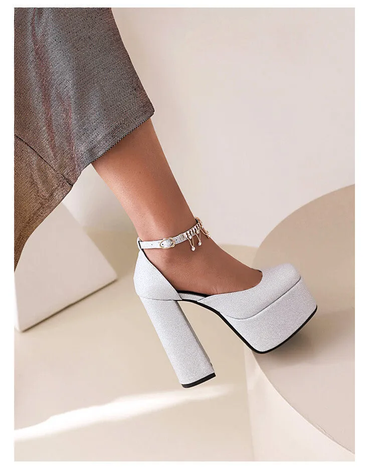 Women's Bling Bling Glossy Round Toe Ankle Strap Chains Chunky Heel High Heels Platform Sandals Platform Denim Sandals
