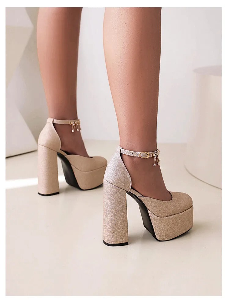 Sandals Dominican Women's Bling Bling Glossy Round Toe Ankle Strap Chains Chunky Heel High Heels Platform Sandals