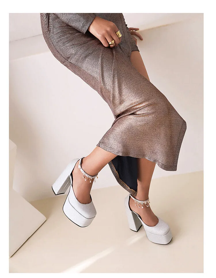 Ring Toe Sandals Women's Bling Bling Glossy Round Toe Ankle Strap Chains Chunky Heel High Heels Platform Sandals