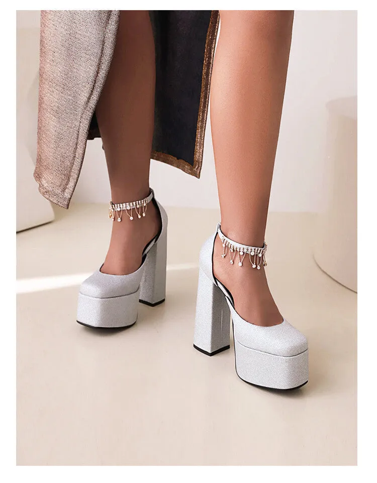 Sandals High Heels Women's Bling Bling Glossy Round Toe Ankle Strap Chains Chunky Heel High Heels Platform Sandals