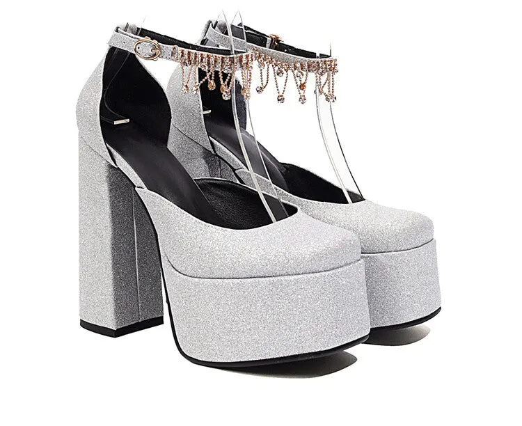 Sanuk Sandals Women's Bling Bling Glossy Round Toe Ankle Strap Chains Chunky Heel High Heels Platform Sandals