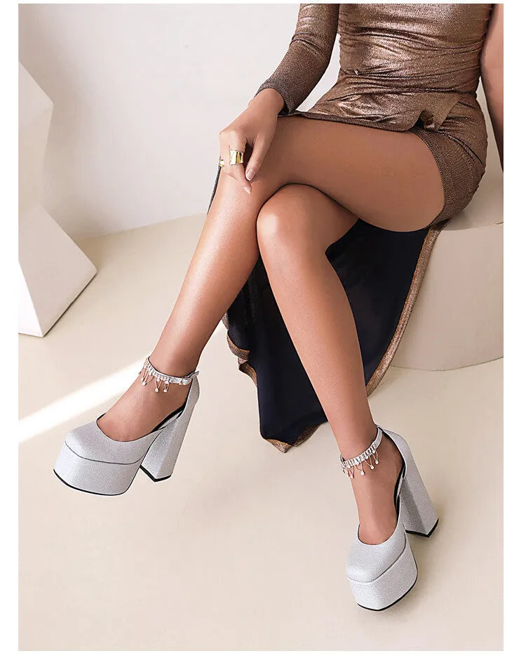 Raffia Platform Sandals Women's Bling Bling Glossy Round Toe Ankle Strap Chains Chunky Heel High Heels Platform Sandals