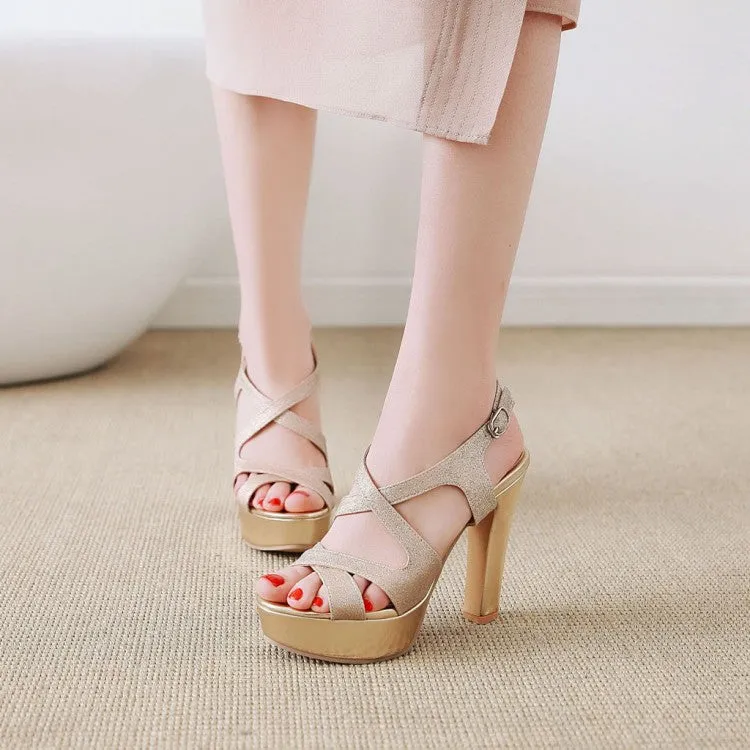 Low Heel Sandals Women's Bling Bling Hollow Out Chunky Heel High Heels Platform Sandals