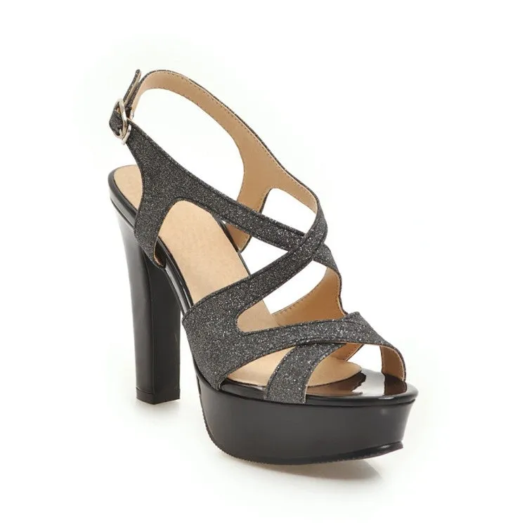 Sun San Sandals Women's Bling Bling Hollow Out Chunky Heel High Heels Platform Sandals