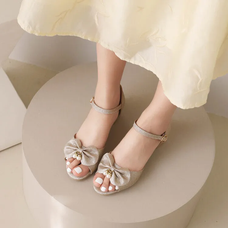 Women's Bling Bling Peep Toe Butterfly Knot pearl Hollow Out Ankle Strap Block Heel Sandals Swimming Sandals