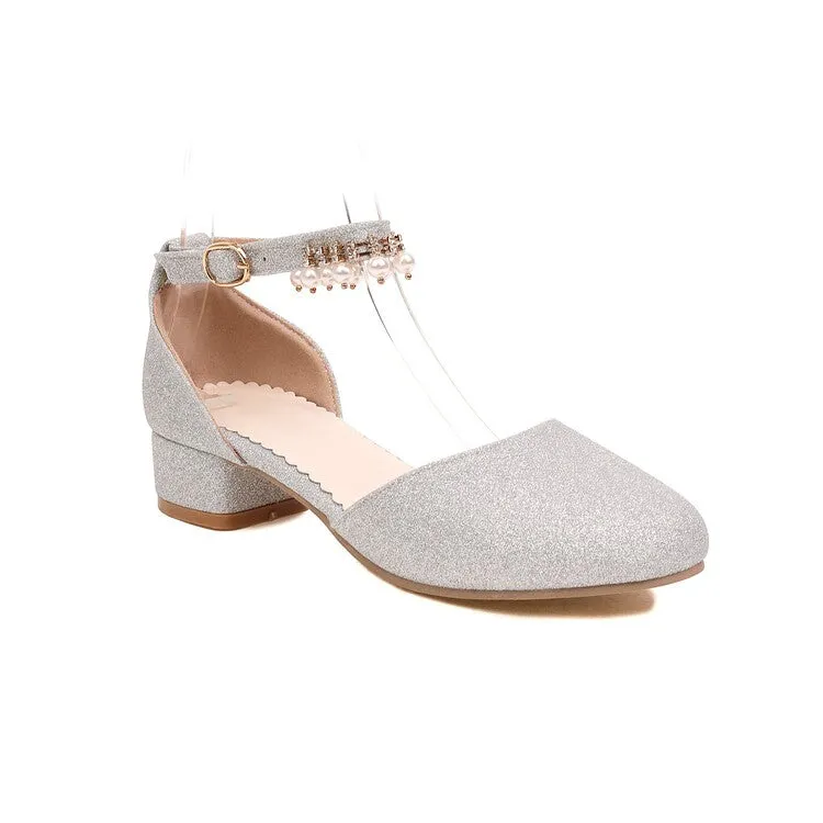 Platform Croc Sandals Women's Bling Bling Round Toe Hollow Out Ankle Strap Pearls Rhinestone Block Heel Low Heels Sandals