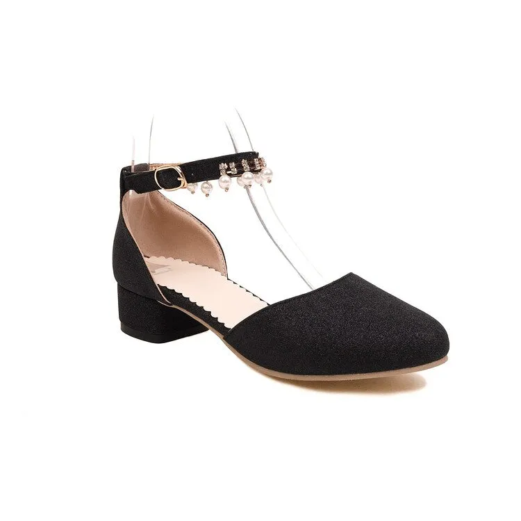 Wedge Sandals Low Heel Women's Bling Bling Round Toe Hollow Out Ankle Strap Pearls Rhinestone Block Heel Low Heels Sandals