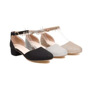 Gym Shower Sandals Women's Bling Bling Round Toe Hollow Out Ankle Strap Pearls Rhinestone Block Heel Low Heels Sandals