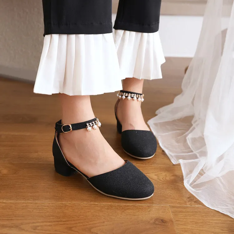 Women's Bling Bling Round Toe Hollow Out Ankle Strap Pearls Rhinestone Block Heel Low Heels Sandals Sandals Vs Slides