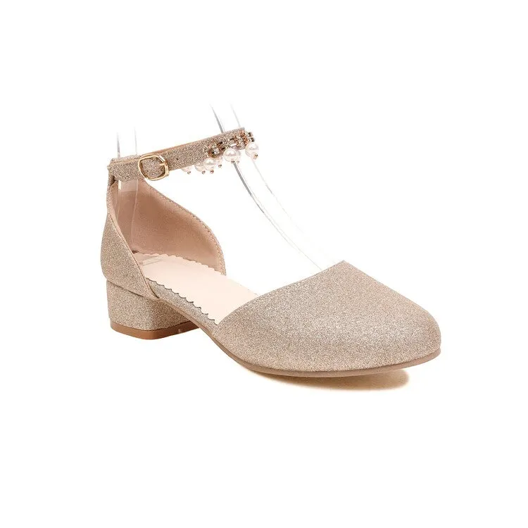 Sandals Royal Barbados Map Women's Bling Bling Round Toe Hollow Out Ankle Strap Pearls Rhinestone Block Heel Low Heels Sandals