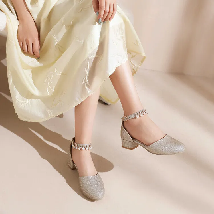 Women's Bling Bling Round Toe Hollow Out Ankle Strap Pearls Rhinestone Block Heel Low Heels Sandals Sandals 777 Deals