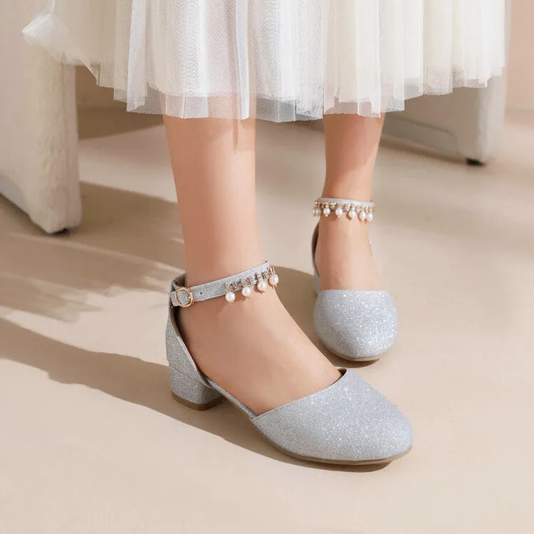 Women's Bling Bling Round Toe Hollow Out Ankle Strap Pearls Rhinestone Block Heel Low Heels Sandals Double Wide Width Sandals Arch Support