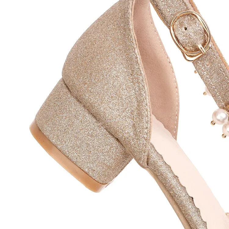 Keens Newport H2 Sandals Women's Bling Bling Round Toe Hollow Out Ankle Strap Pearls Rhinestone Block Heel Low Heels Sandals