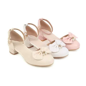 Close Toe Sandals Women's Butterfly Knot Pearls Hollow Out Ankle Strap Block Heel Low Heels Sandals