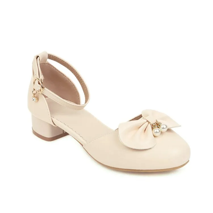 Sandals St Vincent Women's Butterfly Knot Pearls Hollow Out Ankle Strap Block Heel Low Heels Sandals