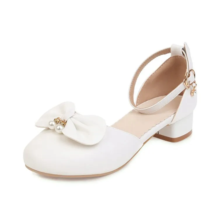 Vegan Sandals Women's Butterfly Knot Pearls Hollow Out Ankle Strap Block Heel Low Heels Sandals