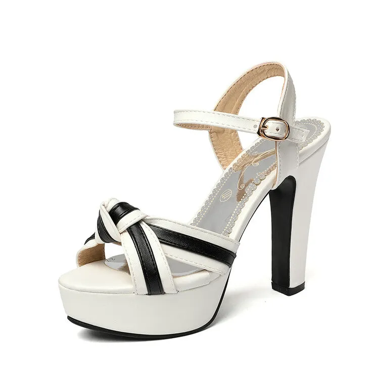 Women's Color Block Knot Platform Ankle Strap Chunky Heel Sandals Thong Sandals With Heels