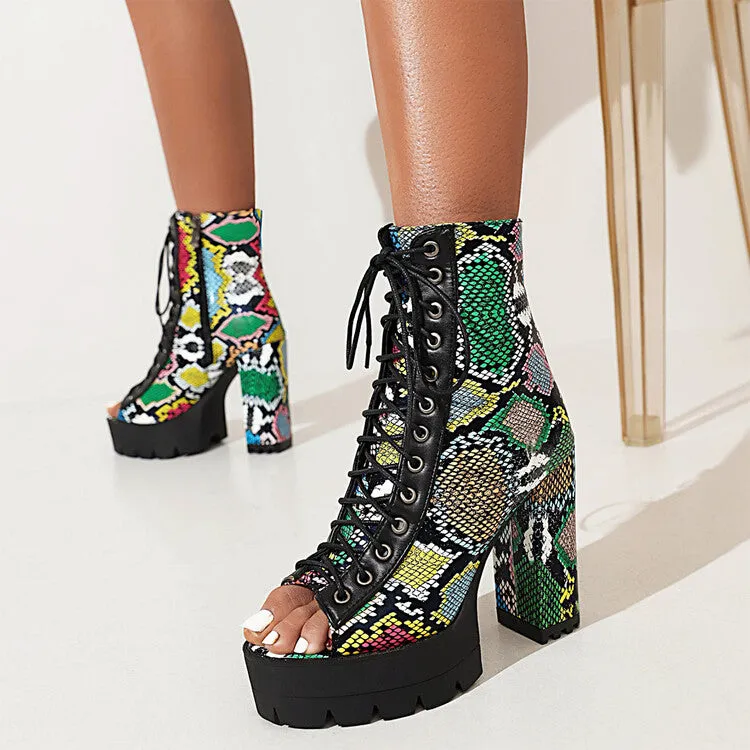 Women's Colorful Print Peep Toe Lace Up Thick Sole Block Heel Platform Sandals Dolce Vita Sandals