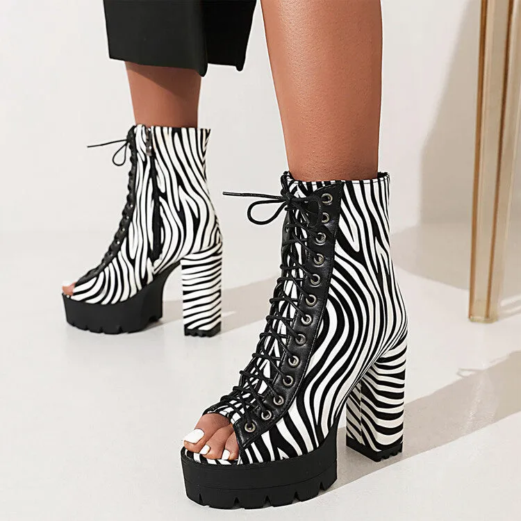 Esprit Sandals Women's Colorful Print Peep Toe Lace Up Thick Sole Block Heel Platform Sandals