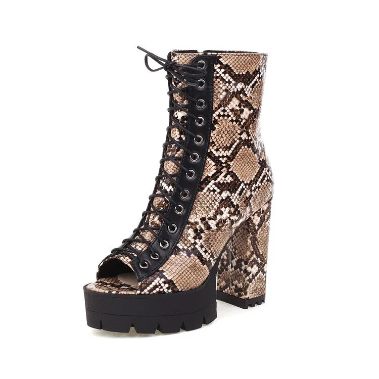 Women's Colorful Print Peep Toe Lace Up Thick Sole Block Heel Platform Sandals Bzees Sandals