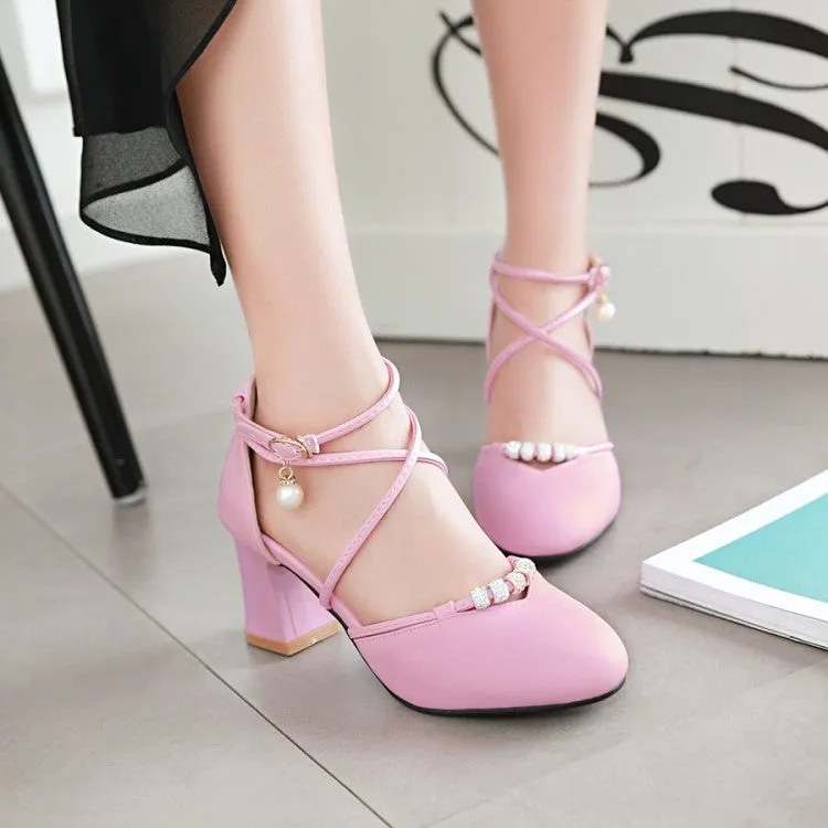 Sandals Resort Turks Women's Cross Tied Strap Buckle Pearls Block Heel Sandals