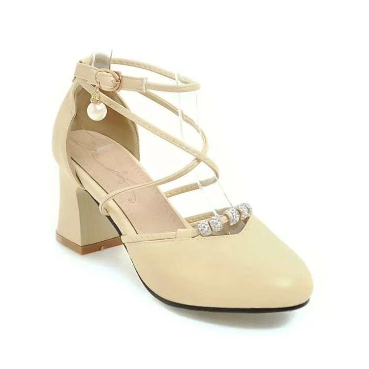 Women's Cross Tied Strap Buckle Pearls Block Heel Sandals Hotel Sandals Barbados