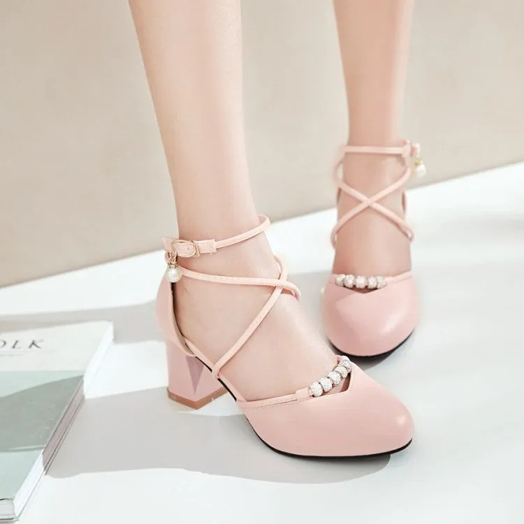 Sandals Tanjun Women's Cross Tied Strap Buckle Pearls Block Heel Sandals