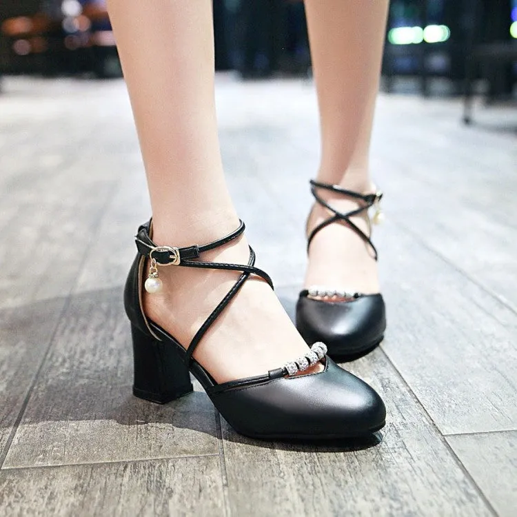 Women's Cross Tied Strap Buckle Pearls Block Heel Sandals Acupuncture Sandals