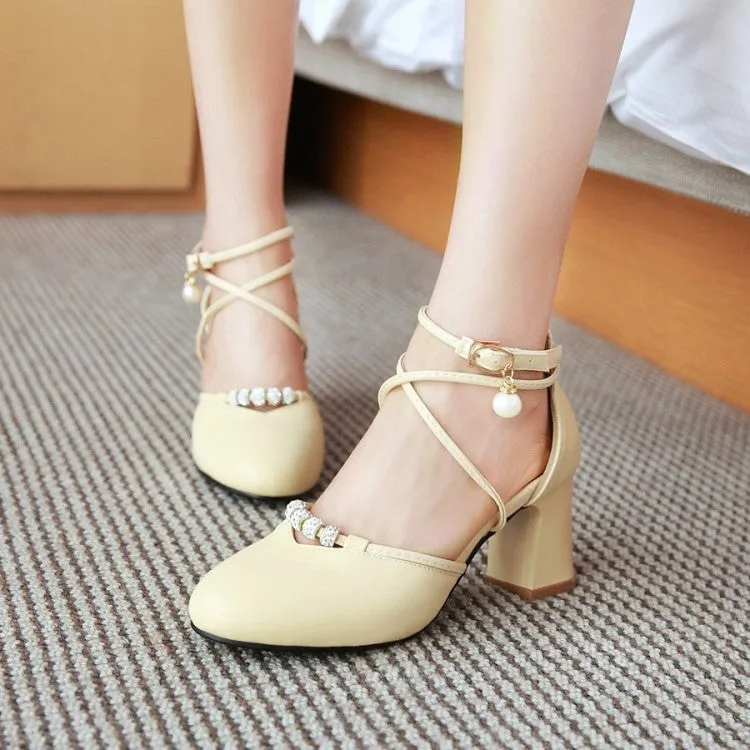 Women's Cross Tied Strap Buckle Pearls Block Heel Sandals Sandals All Inclusive Resorts St Lucia