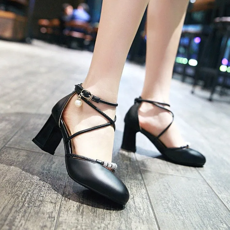 Sandals With Women's Cross Tied Strap Buckle Pearls Block Heel Sandals