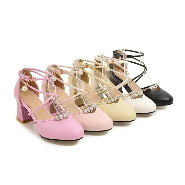 Ugs Sandals Women's Cross Tied Strap Buckle Pearls Block Heel Sandals