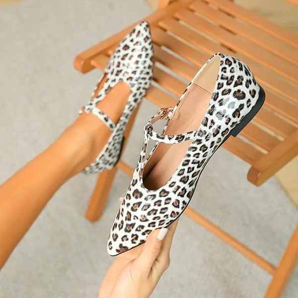 Women's Fashionable Leopard Print T-Buckle Flat Loafers 08533569S Crazy Horse Leather Tassel Loafers