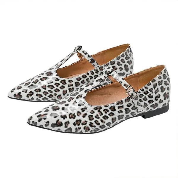 Women's Fashionable Leopard Print T-Buckle Flat Loafers 08533569S Suede Leather Loafers