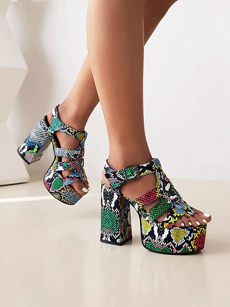 Women's Glossy Round Toe Roman Style Thick Sole Chunky Heel Platform Sandals Winter Sandals