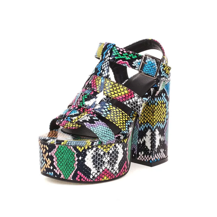 Women's Glossy Round Toe Roman Style Thick Sole Chunky Heel Platform Sandals Free Spirit Sandals