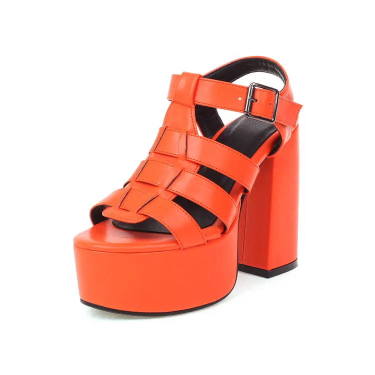 Sandals Greece Women's Glossy Round Toe Roman Style Thick Sole Chunky Heel Platform Sandals