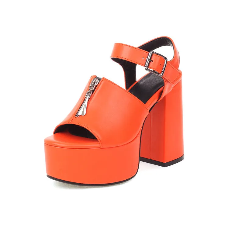 Women's Glossy Zipper Ankle Strap Buckle Thick Sole Block Heel Platform Sandals Stretchers Sandals