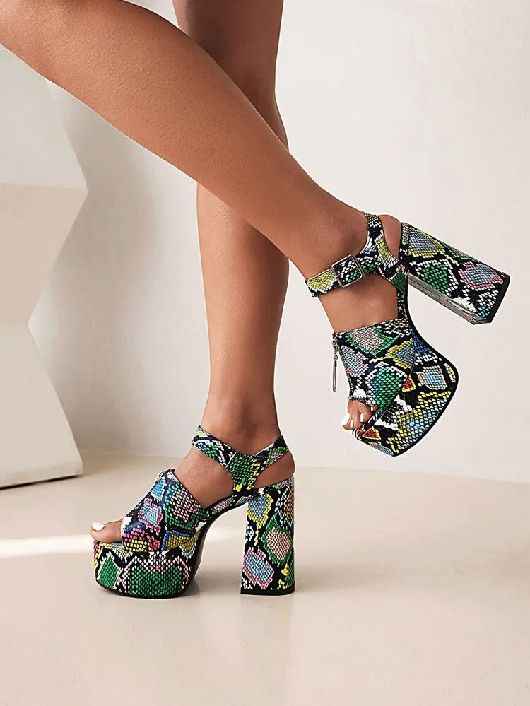 Women's Glossy Zipper Ankle Strap Buckle Thick Sole Block Heel Platform Sandals Sandals Whitehouse Westmoreland