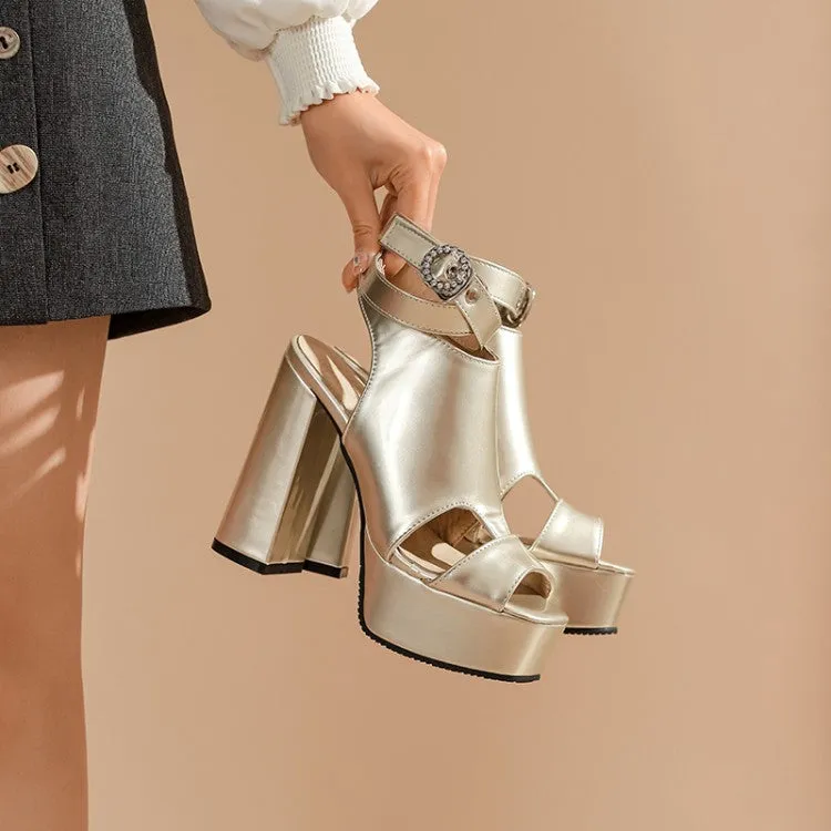 Women's Jelly Color Peep Toe Hollow Out Rhinestone Chunky Heel Platform Sandals Designer Beach Sandals