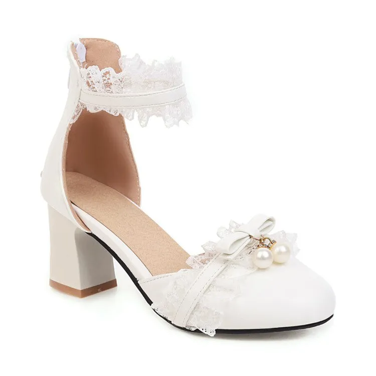 Women's Lace Butterfly Knot Pearls Ankle Strap Chunky Heel Block Heel Sandals Giantess Sandals