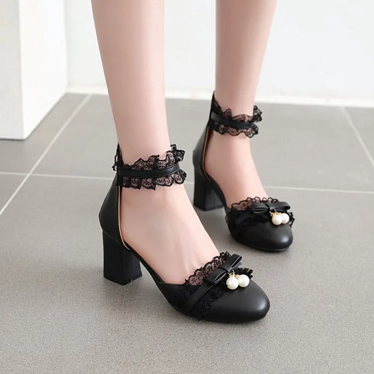 Sandals For Teens Women's Lace Butterfly Knot Pearls Ankle Strap Chunky Heel Block Heel Sandals