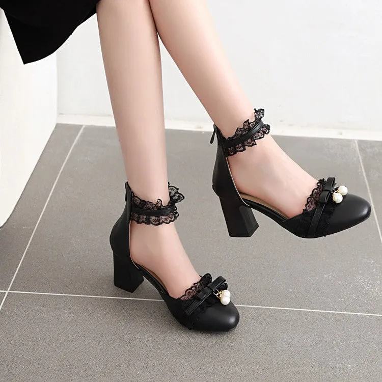 Women's Lace Butterfly Knot Pearls Ankle Strap Chunky Heel Block Heel Sandals Mk Sandals Wedge